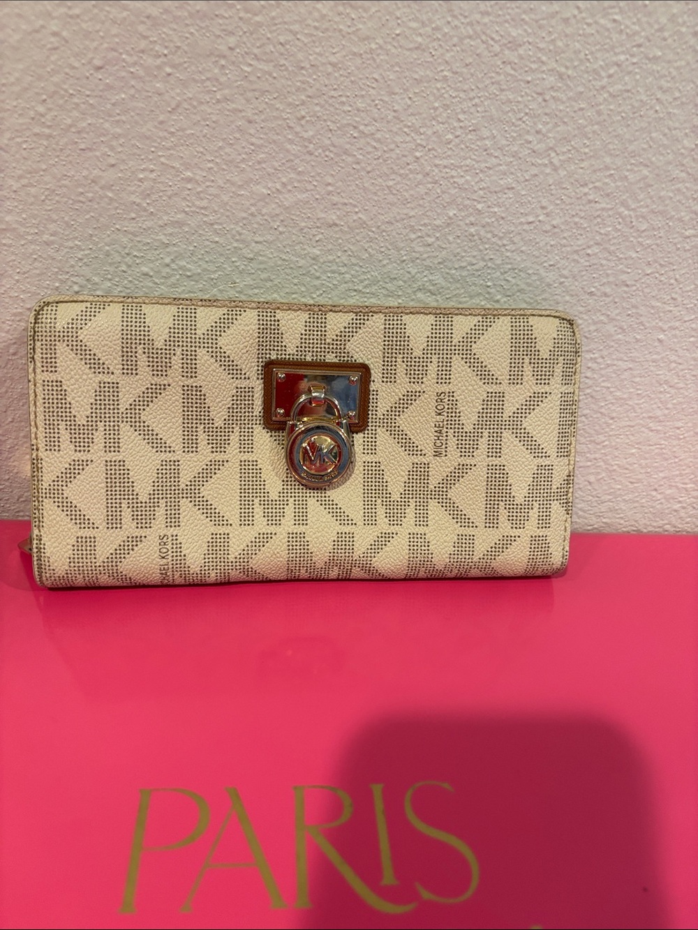 Michael Kors Cream Signature MK Continental Wallet with Gold Accent